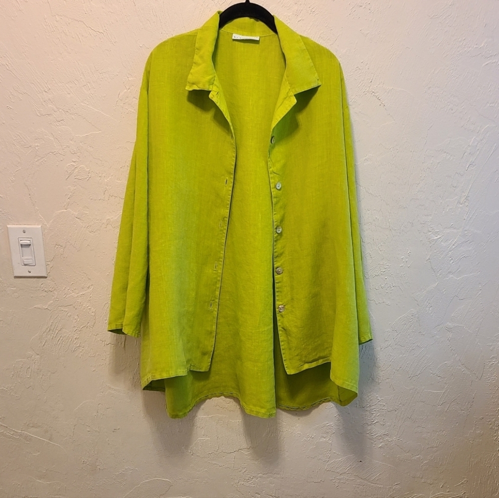 Bryan Walker Chartreuse Linen Button Down Blouse … - image 2
